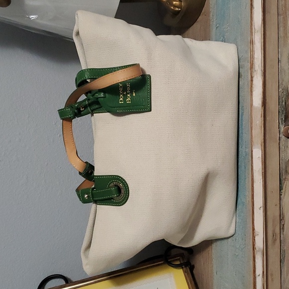Dooney & Bourke Handbags - Dooney and Bourke canvas tote with green leather trim, straps